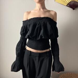 y2k vintage black boho minimalist off shoulder smocked fitted blouse top